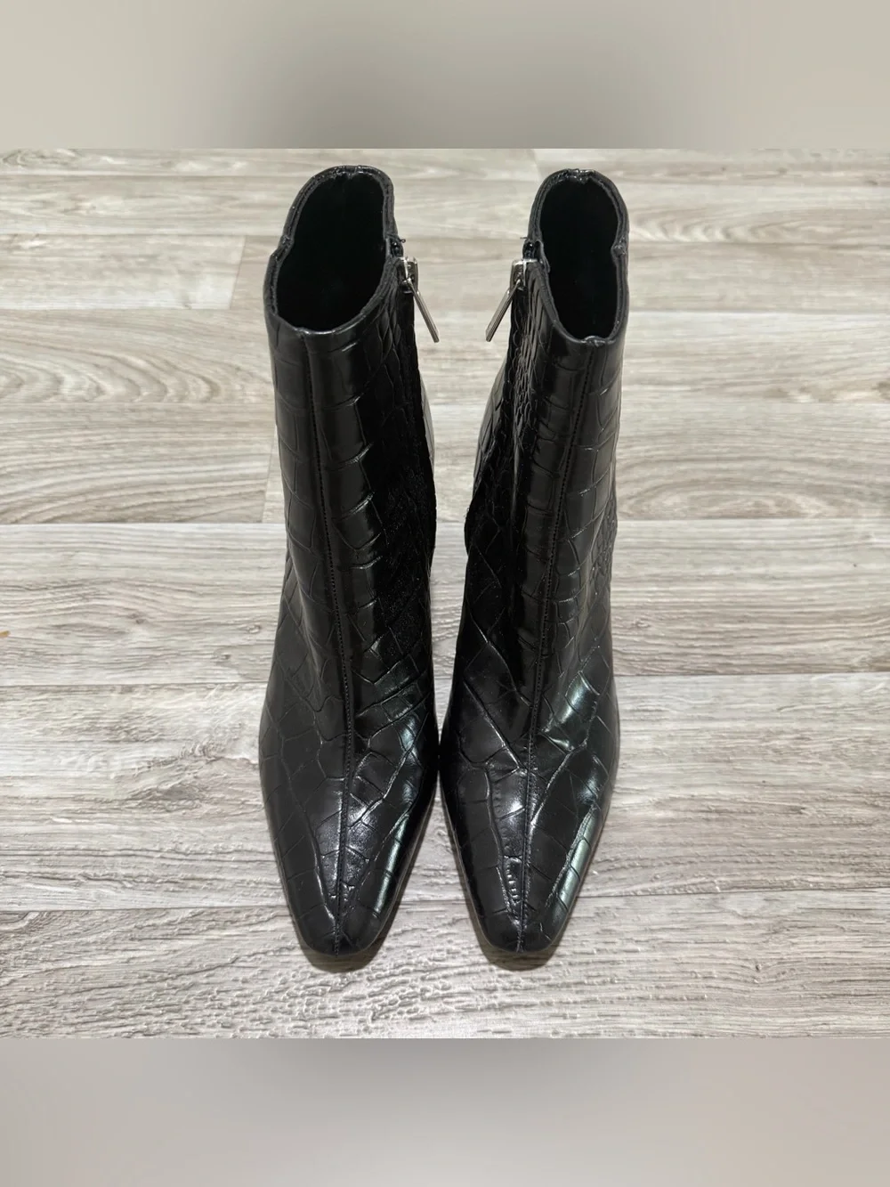 Marc Fisher LTD Yanara Black Croc-Embossed Pointed Toe Block Heel Bootie